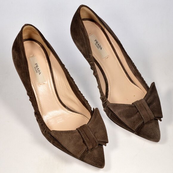 Prada Brown Suede Bow Heel Shoes Size 36 W/ Box - Picture 3 of 10